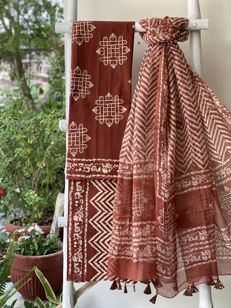 RUST-MAROON COTTON HANDBLOCK PRINT KOTA DUPATTA SET