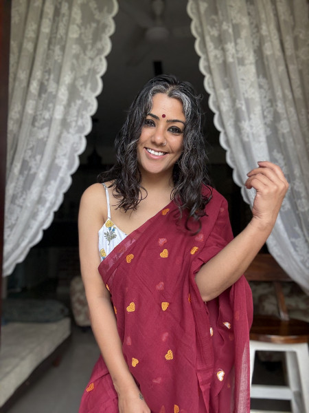 MAROON COTTON MULMUL EMBROIDERED SARI