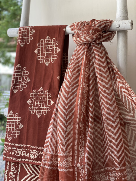 RUST-MAROON COTTON HANDBLOCK PRINT KOTA DUPATTA SET