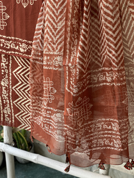 RUST-MAROON COTTON HANDBLOCK PRINT KOTA DUPATTA SET