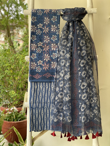 INDIGO COTTON HANDBLOCK PRINT KOTA DUPATTA SET