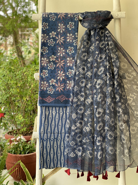 INDIGO COTTON HANDBLOCK PRINT KOTA DUPATTA SET