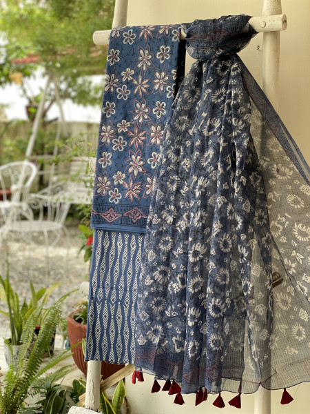 INDIGO COTTON HANDBLOCK PRINT KOTA DUPATTA SET