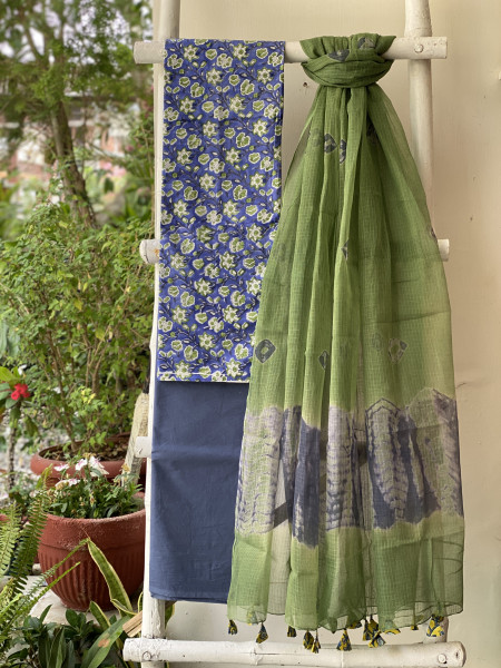 INDIGO-GREEN COTTON HANDBLOCK PRINT KOTA DUPATTA SET