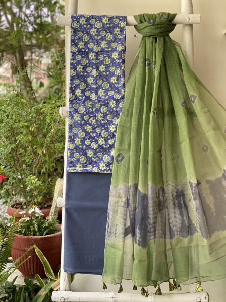 INDIGO-GREEN COTTON HANDBLOCK PRINT KOTA DUPATTA SET