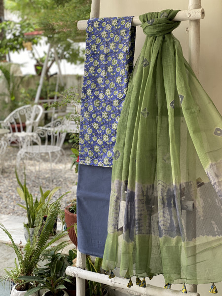 INDIGO-GREEN COTTON HANDBLOCK PRINT KOTA DUPATTA SET