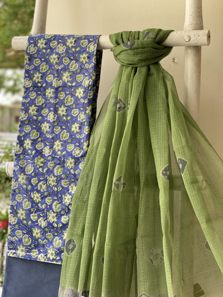 INDIGO-GREEN COTTON HANDBLOCK PRINT KOTA DUPATTA SET