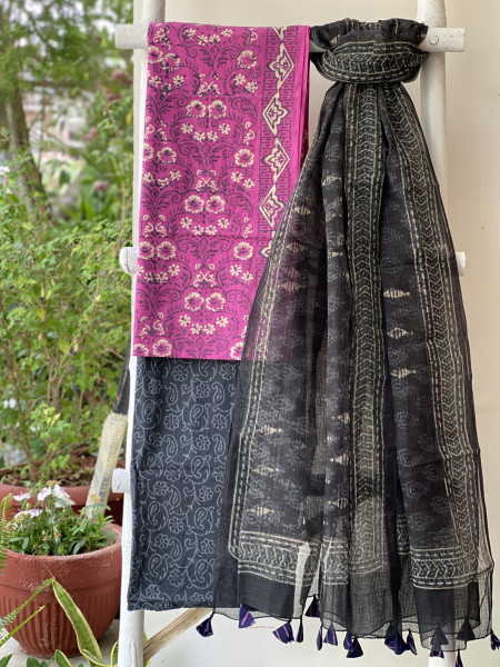 MAGENTA-BLACK COTTON HANDBLOCK PRINT KOTA DUPATTA SET