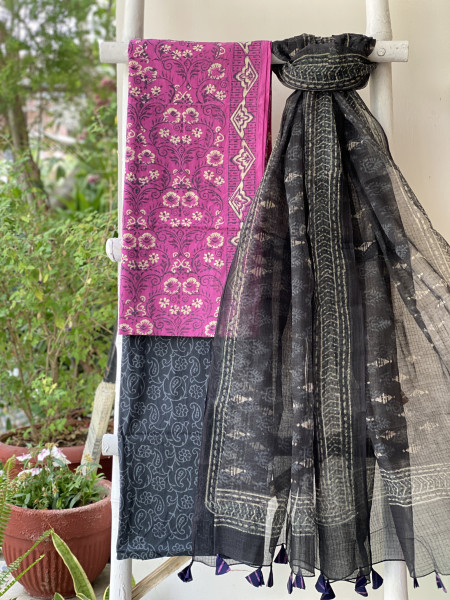 MAGENTA-BLACK COTTON HANDBLOCK PRINT KOTA DUPATTA SET
