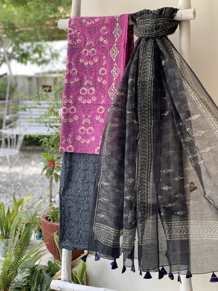 MAGENTA-BLACK COTTON HANDBLOCK PRINT KOTA DUPATTA SET