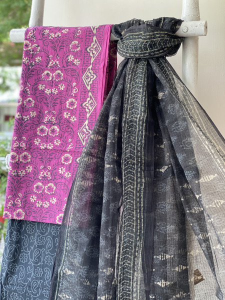 MAGENTA-BLACK COTTON HANDBLOCK PRINT KOTA DUPATTA SET