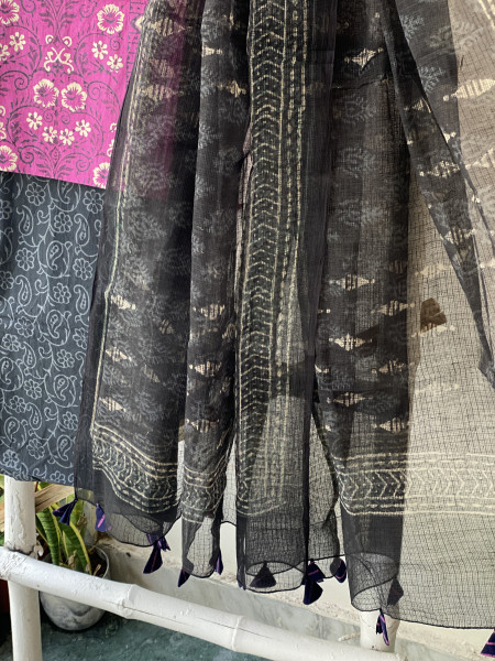 MAGENTA-BLACK COTTON HANDBLOCK PRINT KOTA DUPATTA SET