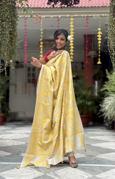 BEIGE KANTHA HAND EMBROIDERED TUSSAR  SILK SARI