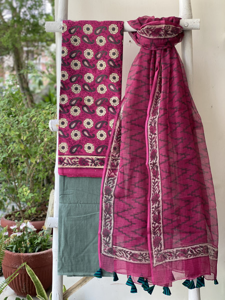 MAGENTA-GREY COTTON HANDBLOCK PRINT KOTA DUPATTA SET