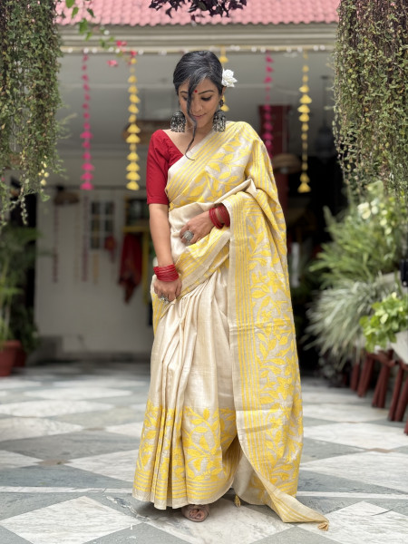 BEIGE KANTHA HAND EMBROIDERED TUSSAR  SILK SARI