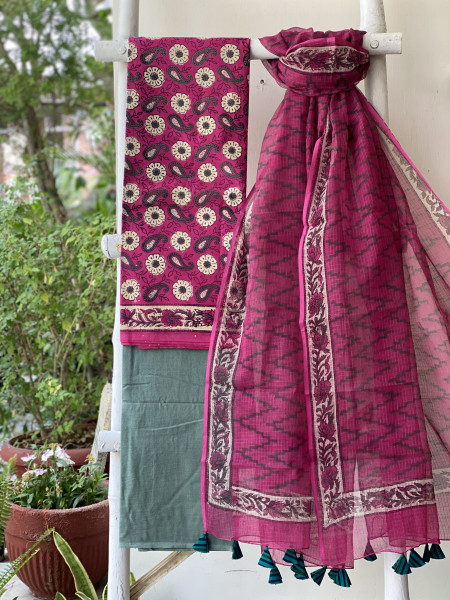 MAGENTA-GREY COTTON HANDBLOCK PRINT KOTA DUPATTA SET