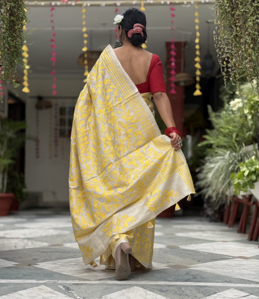 BEIGE KANTHA HAND EMBROIDERED TUSSAR  SILK SARI