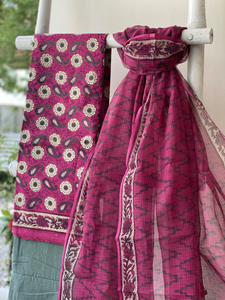 MAGENTA-GREY COTTON HANDBLOCK PRINT KOTA DUPATTA SET
