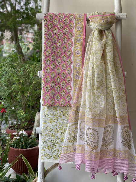 PINK-OFF WHITE COTTON HANDBLOCK PRINT KOTA DUPATTA SET