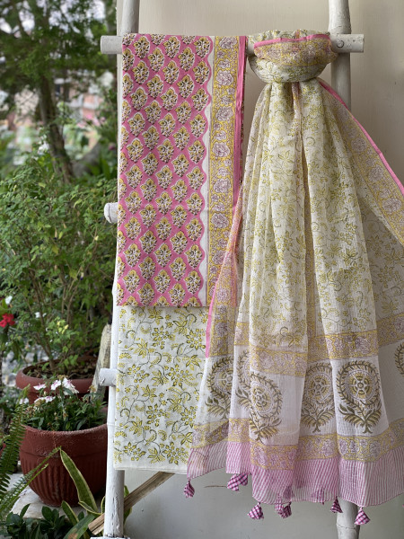 PINK-OFF WHITE COTTON HANDBLOCK PRINT KOTA DUPATTA SET