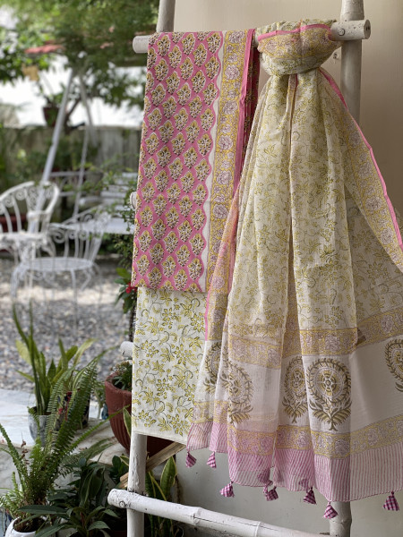 PINK-OFF WHITE COTTON HANDBLOCK PRINT KOTA DUPATTA SET