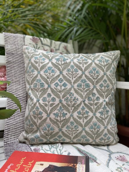 BEIGE Block Print Cotton Cushion Cover