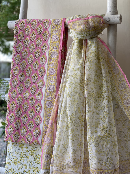 PINK-OFF WHITE COTTON HANDBLOCK PRINT KOTA DUPATTA SET