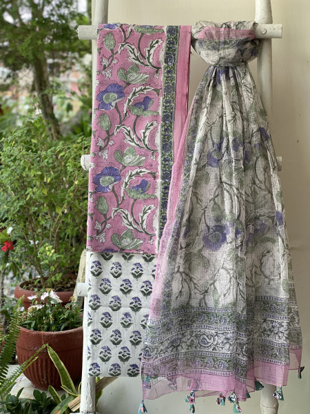 PINK -OFF WHITE COTTON HANDBLOCK PRINT KOTA DUPATTA SET