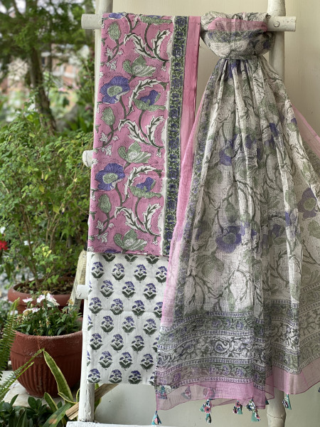 PINK -OFF WHITE COTTON HANDBLOCK PRINT KOTA DUPATTA SET
