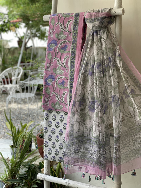 PINK -OFF WHITE COTTON HANDBLOCK PRINT KOTA DUPATTA SET