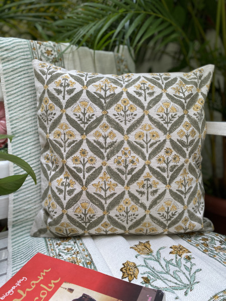 BEIGE Block Print Cotton Cushion Cover