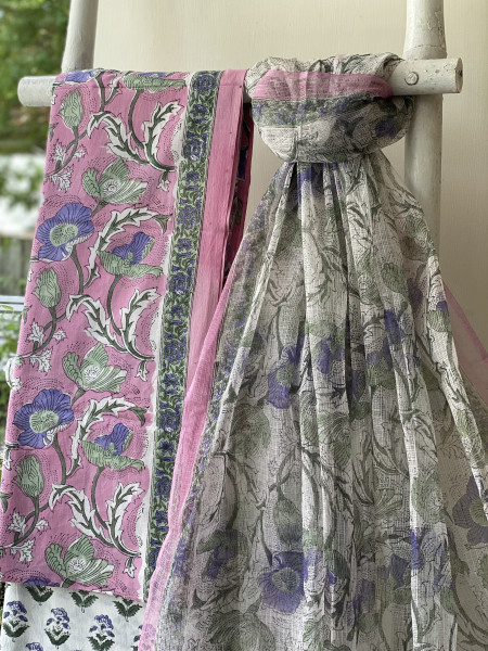PINK -OFF WHITE COTTON HANDBLOCK PRINT KOTA DUPATTA SET