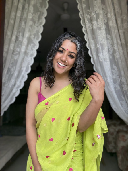 NEON GREEN COTTON MULMUL EMBROIDERED SARI