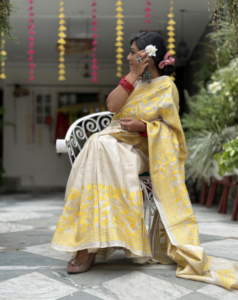 BEIGE KANTHA HAND EMBROIDERED TUSSAR  SILK SARI