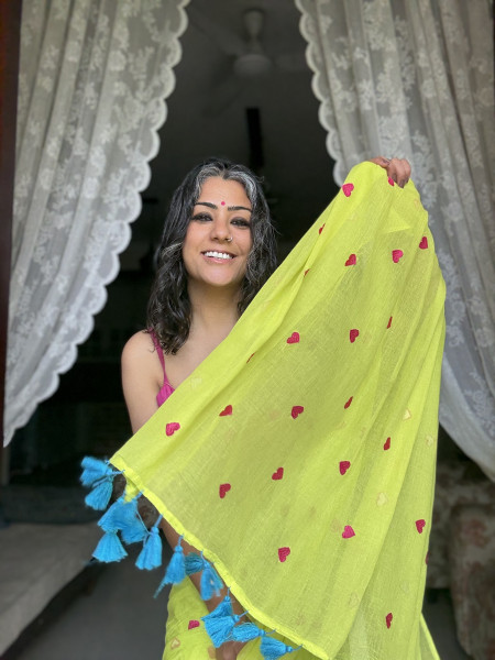 NEON GREEN COTTON MULMUL EMBROIDERED SARI