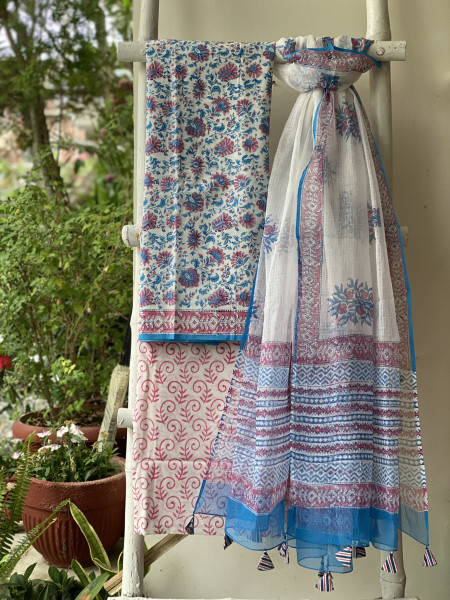 OFF WHITE COTTON HANDBLOCK PRINT KOTA DUPATTA SET