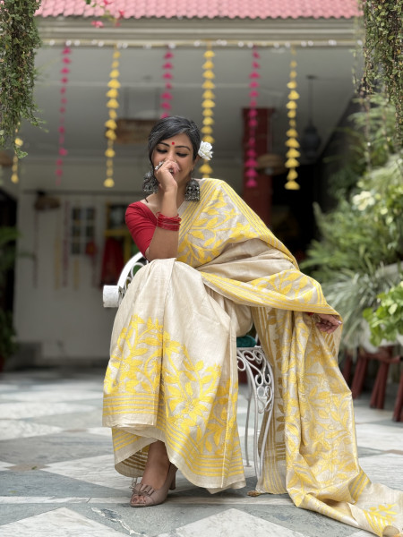 BEIGE KANTHA HAND EMBROIDERED TUSSAR  SILK SARI