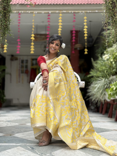 BEIGE KANTHA HAND EMBROIDERED TUSSAR  SILK SARI