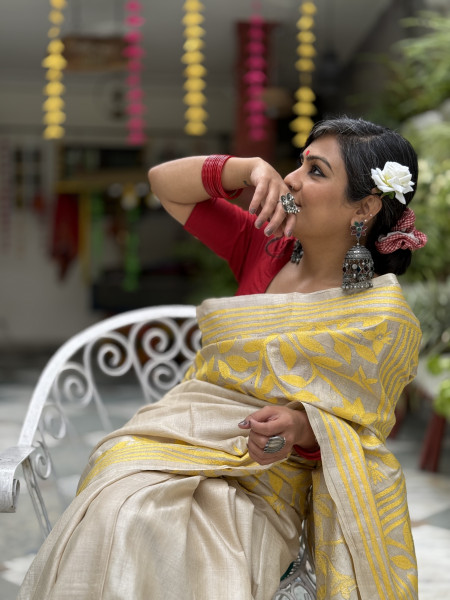 BEIGE KANTHA HAND EMBROIDERED TUSSAR  SILK SARI