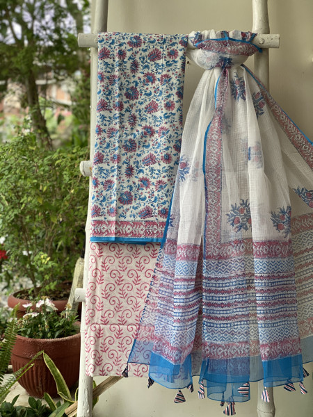 OFF WHITE COTTON HANDBLOCK PRINT KOTA DUPATTA SET