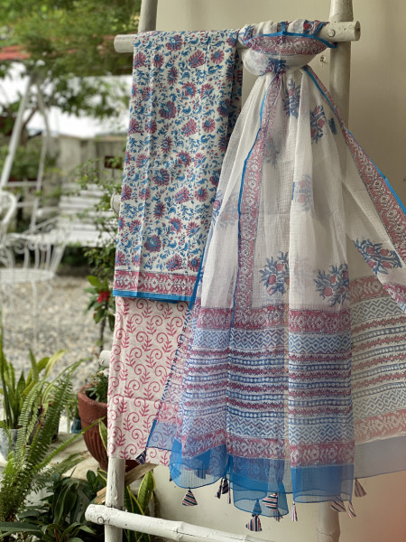 OFF WHITE COTTON HANDBLOCK PRINT KOTA DUPATTA SET