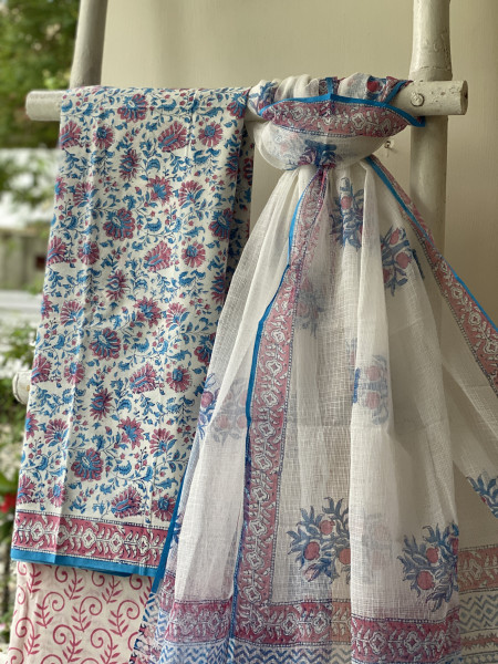 OFF WHITE COTTON HANDBLOCK PRINT KOTA DUPATTA SET