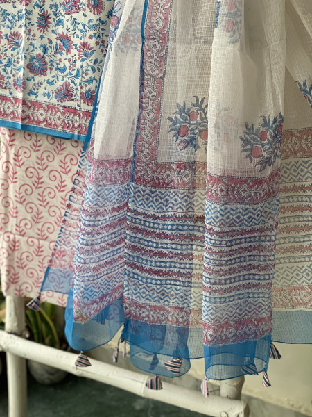 OFF WHITE COTTON HANDBLOCK PRINT KOTA DUPATTA SET
