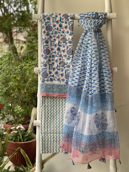 OFF WHITE COTTON HANDBLOCK PRINT KOTA DUPATTA SET