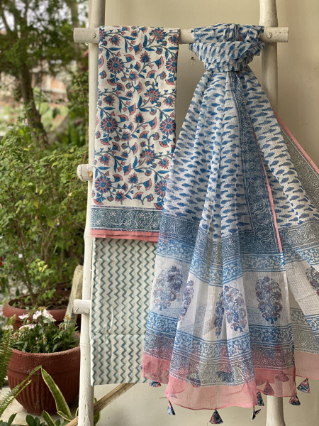 OFF WHITE COTTON HANDBLOCK PRINT KOTA DUPATTA SET