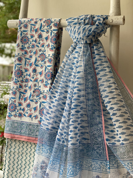 OFF WHITE COTTON HANDBLOCK PRINT KOTA DUPATTA SET