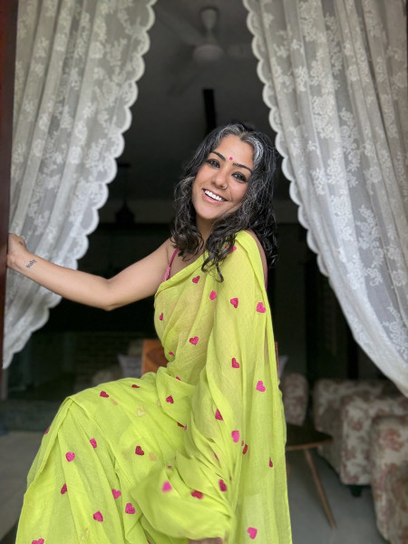 NEON GREEN COTTON MULMUL EMBROIDERED SARI
