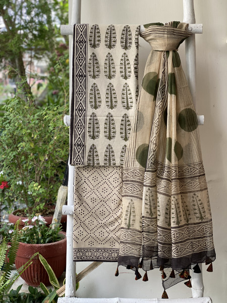 BEIGE COTTON HANDBLOCK PRINT KOTA DUPATTA SET