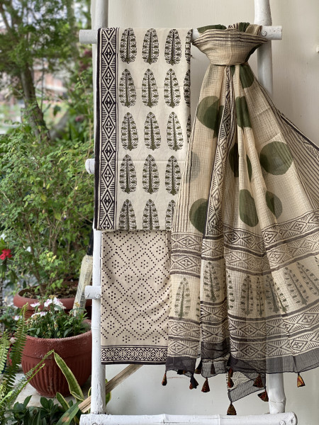 BEIGE COTTON HANDBLOCK PRINT KOTA DUPATTA SET