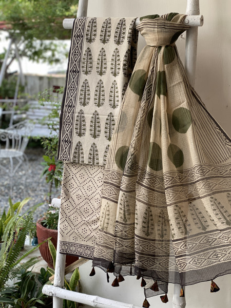 BEIGE COTTON HANDBLOCK PRINT KOTA DUPATTA SET